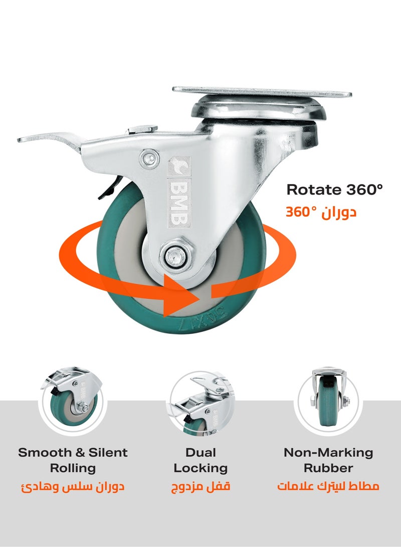 BMB tools 4-Piece Rubber Caster - Plate - Swivel with Brake / 50mm - Image 4